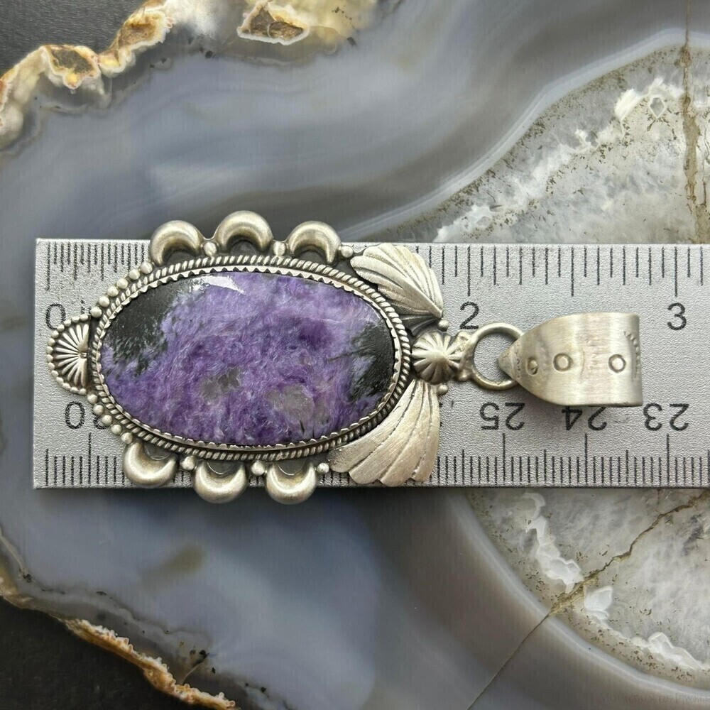 Sterling Silver Southwestern Style Oval Charoite Decorated Pendant For Women - Picture 10 of 10